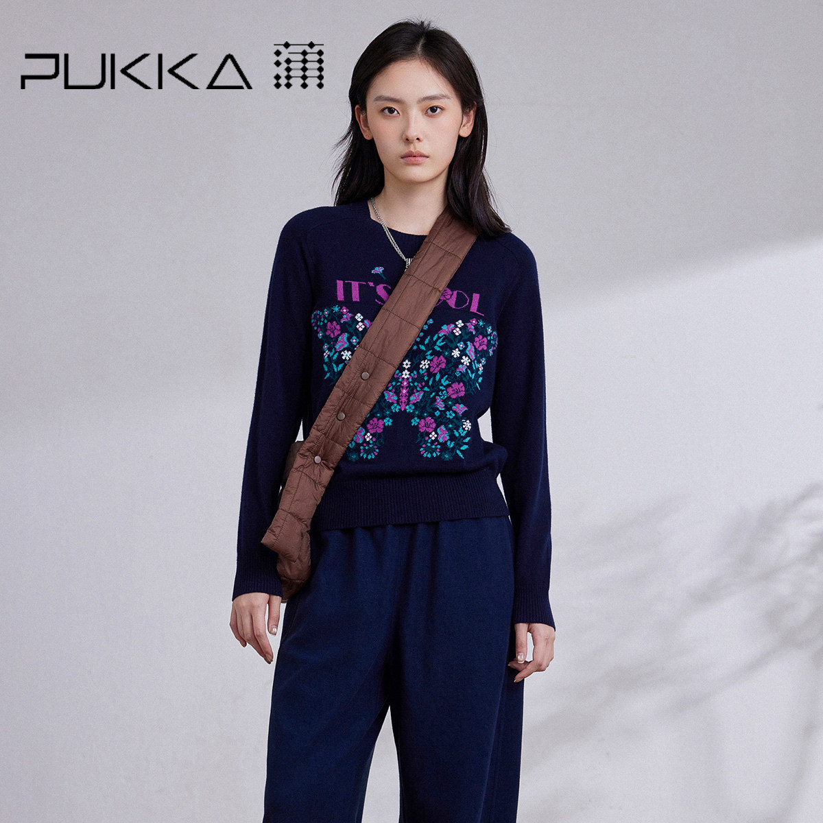 蒲PUKKA 秋冬绵羊毛针织衫女提花圆领长袖上衣