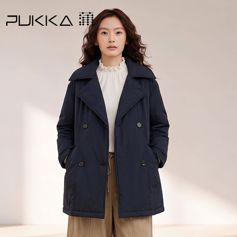 蒲PUKKA 2026秋冬新品白鹅绒风衣式羽绒服女双排扣中长款保暖外套