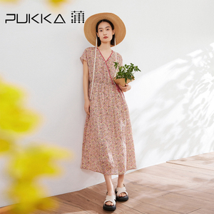 蒲PUKKA 新中式连衣裙夏季新品V领显瘦小飞袖度假裙子