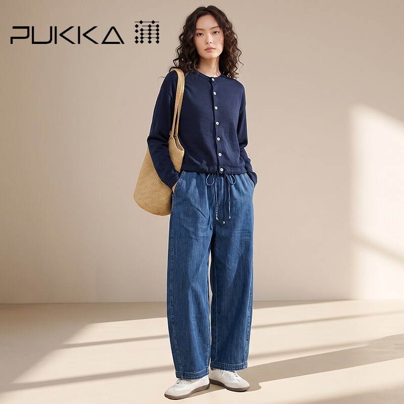 蒲PUKKA 2026秋冬新品亚麻棉针织开衫女圆领抽绳松弛文艺外搭