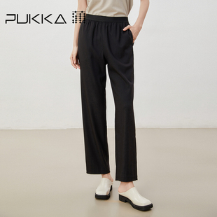 宽松长裤 蒲PUKKA 修身 高端运动感女休闲裤 子 弹力腰黑色直筒裤