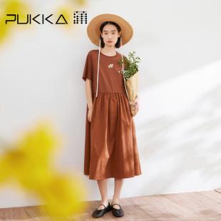 休闲裙子 圆领宽松短袖 蒲PUKKA文艺拼接连衣裙夏装 新品