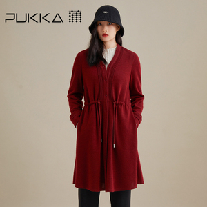 蒲PUKKA 中长款连衣裙女宽松可收腰单排扣连衣裙条纹长袖长裙