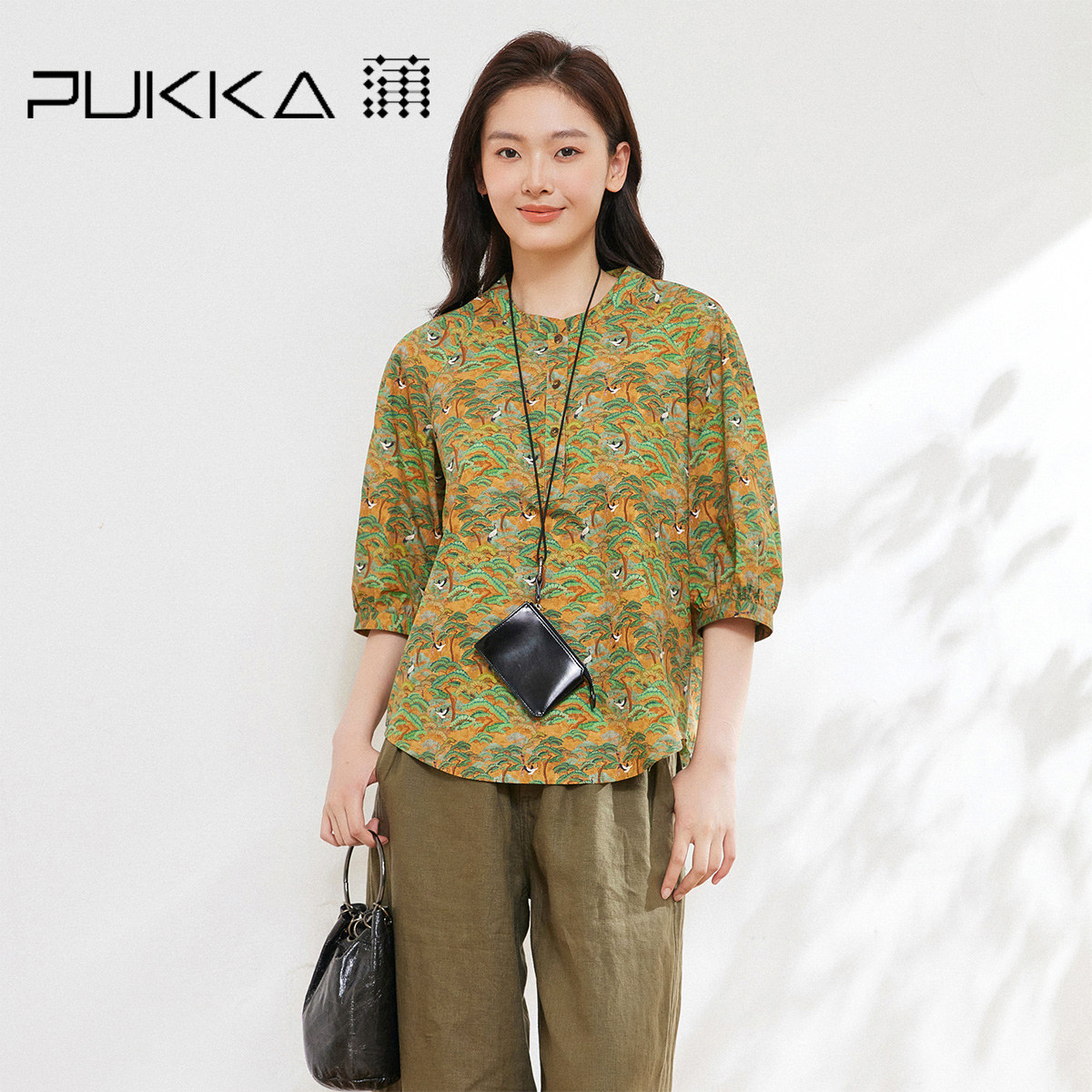 蒲PUKKA 2026春夏新品纯棉衬衫女松鹤国风文艺印花宽松灯笼袖上衣