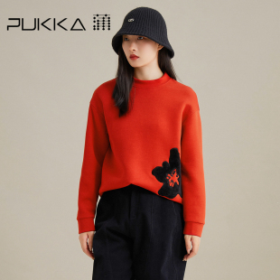 蒲PUKKA 圆领宽松红色卫衣无帽长袖打底衫女秋冬款新品