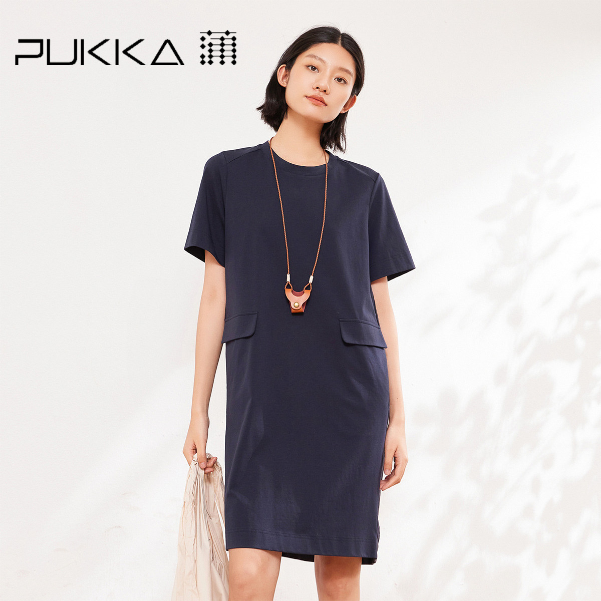 蒲PUKKA文艺拼接连衣裙夏装圆领宽松短袖休闲裙子