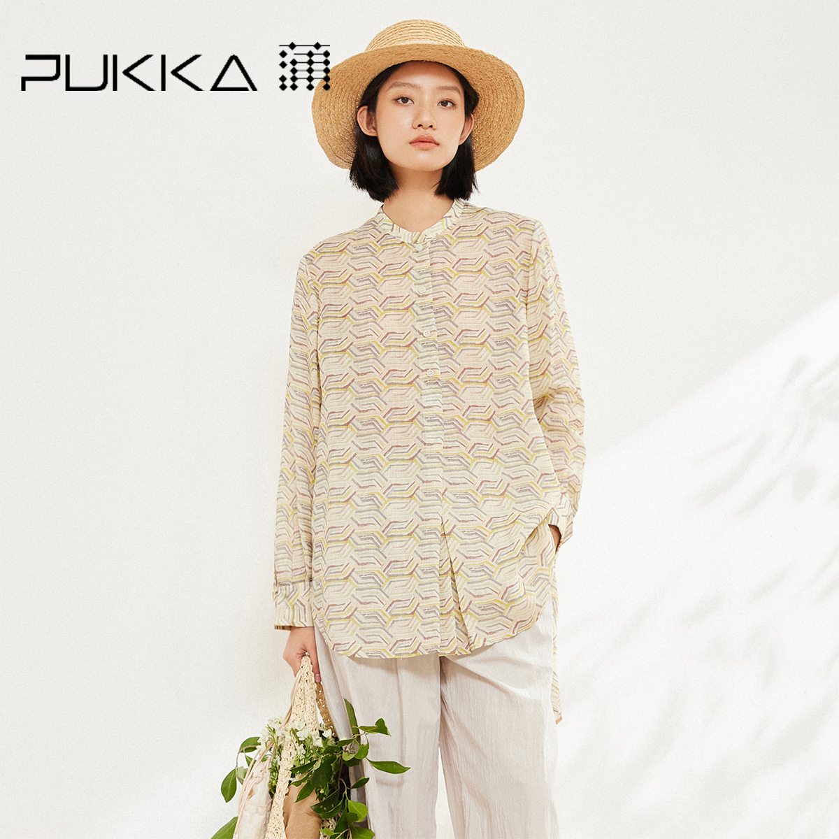 蒲PUKKA宽松中长款苎麻印花衬衫