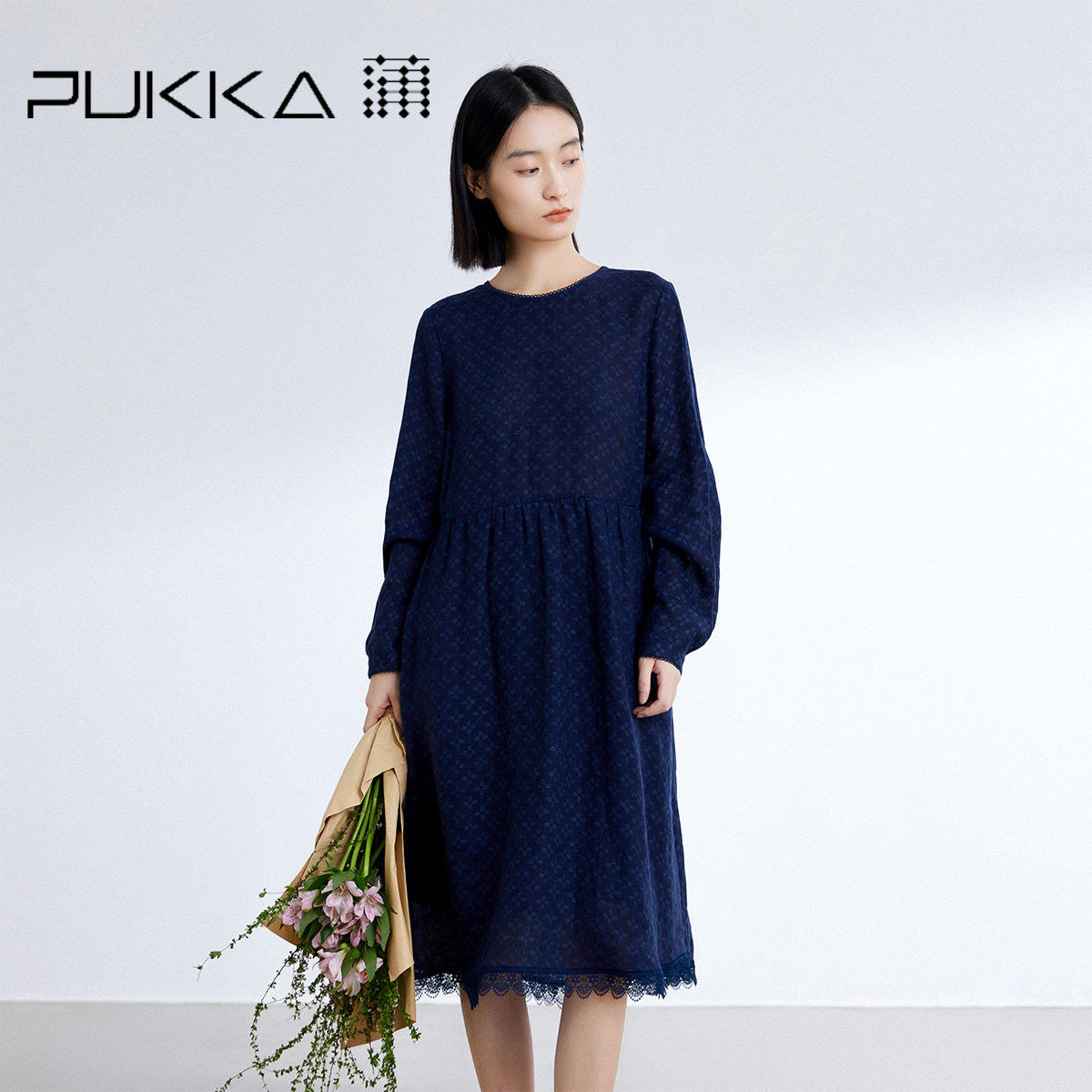 蒲PUKKA 春夏新品重工艺法式蕾丝花边亚麻印花气质显瘦连衣裙