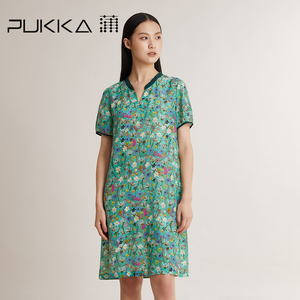 蒲PUKKA 真丝碎花连衣裙女宽松法式V领小个子休闲裙子