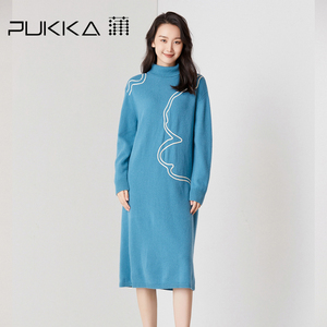 蒲PUKKA 连衣裙女条纹高领纯羊毛连衣裙秋冬季中长款长裙