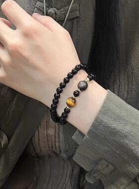 国风黑曜石搭配虎眼石双圈 手串男女生时尚水晶文玩轻奢手链 串珠