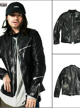 秋冬日系重水洗做皱做旧植鞣无涂水染头层绵羊皮夹克立领真皮皮衣