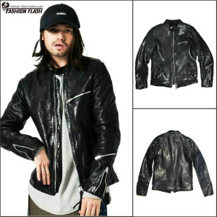 秋冬日系重水洗做皱做旧植鞣无涂水染头层绵羊皮夹克立领真皮皮衣