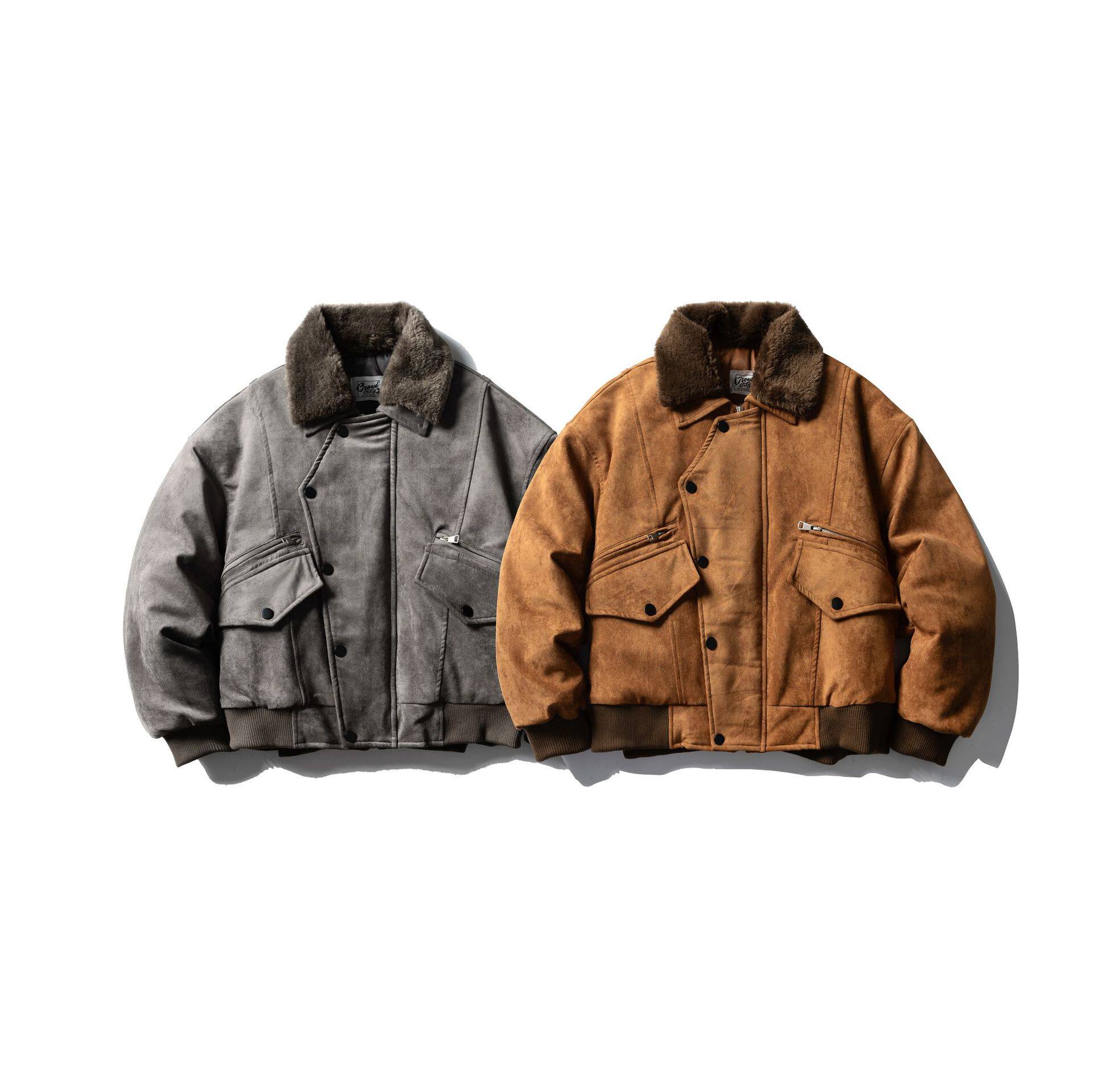 冬季日系CROWD CITY复古宽松保暖棉服男女麂皮绒冬季翻领工装外套