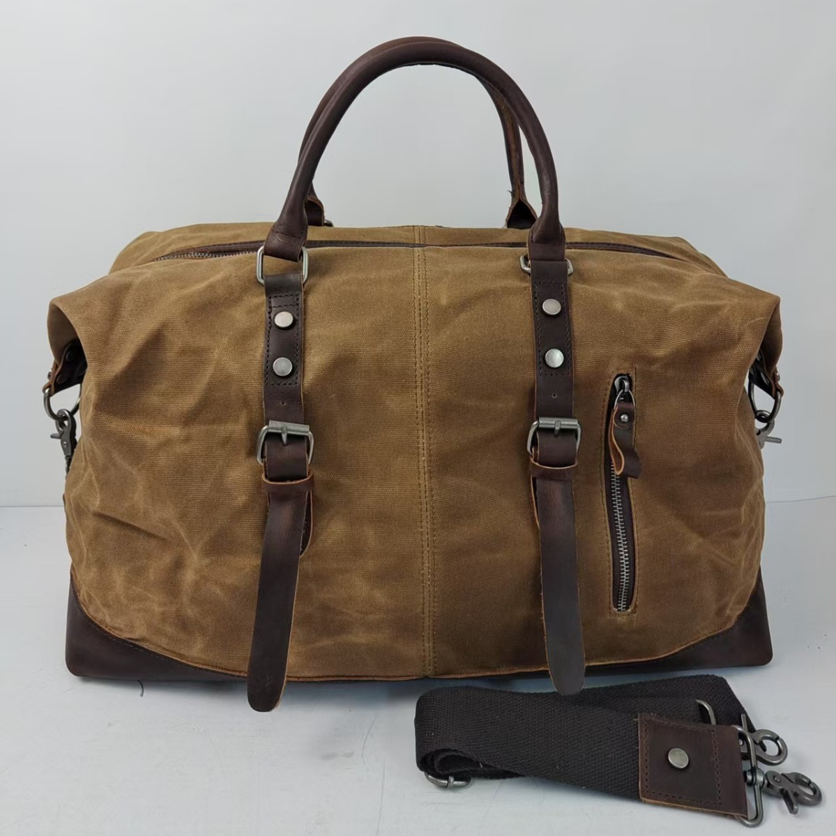 日系复古旅行袋防水大容量男女手提包油蜡帆布包斜挎包配疯马皮潮