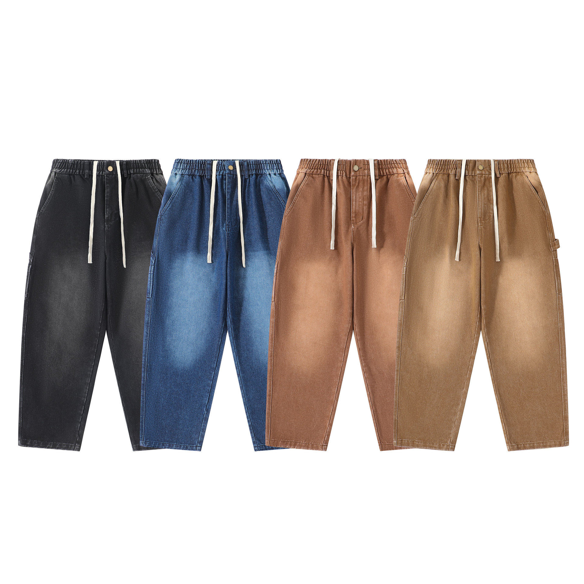 日系复古水洗丹宁磨白伐木牛仔裤男潮牌春秋季宽松直筒休闲阔腿裤