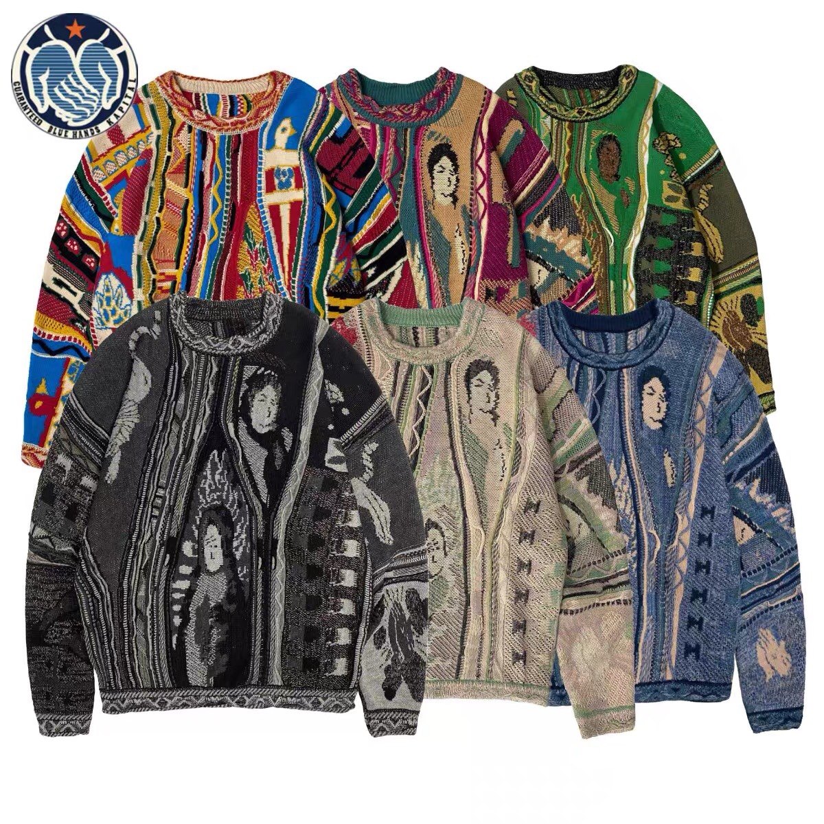 KAPITAL25SS复古撞色针织花纹圆领套头毛衣黑色狮子情侣男女潮牌