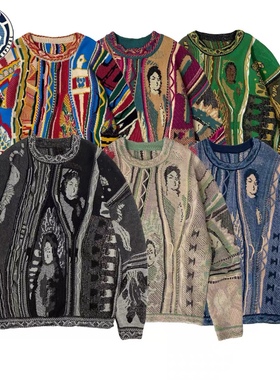 KAPITAL25SS复古撞色针织花纹圆领套头毛衣黑色狮子情侣男女潮牌