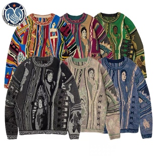 KAPITAL25SS复古撞色针织花纹圆领套头毛衣黑色狮子情侣男女潮牌