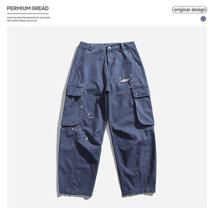 日系复古重磅水洗法工蓝贴布工装裤男女宽松直筒大口袋泼墨长裤潮