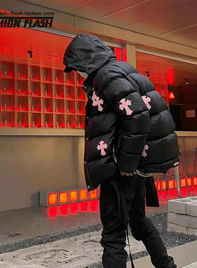 高奢CH克罗十字架小羊皮拼皮remake做旧银饰高街男女羽绒服外套潮