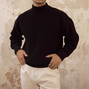 冬季重磅加厚半高领毛衣男纯棉厚实休闲宽松落肩打底美式复古咔叽