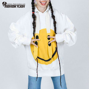 日系街头四眼笑脸卫衣秋冬潮牌平田和宏宽抽绳连帽衫男女宽松外套