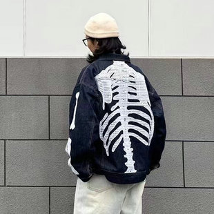 24SS KAPITAL平田和宏日系潮牌牛仔丹宁翻领骨头刺绣宽松夹克外套