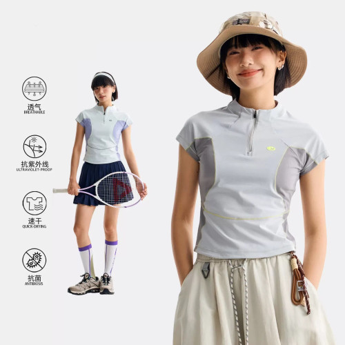 日系春夏辣妹风半开拉链拼接短T吸湿速干显瘦轻户外运动通勤上衣t