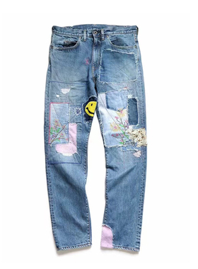 日系复古 Kapital平田和宏拼接笑脸贴布破洞高街潮牌牛仔长裤鹿晗