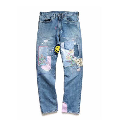日系复古笑脸贴布破洞牛仔裤
