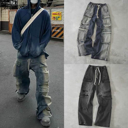 暗黑风水洗做旧渐变多口袋工装直筒休闲抽绳阔腿牛仔裤capper同款