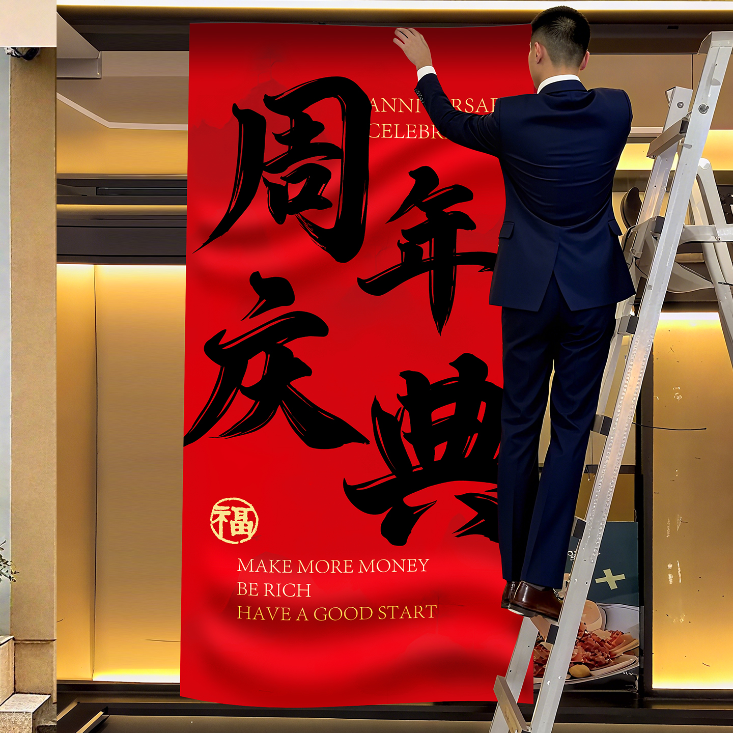 新年氛围布置挂布条幅周年庆典