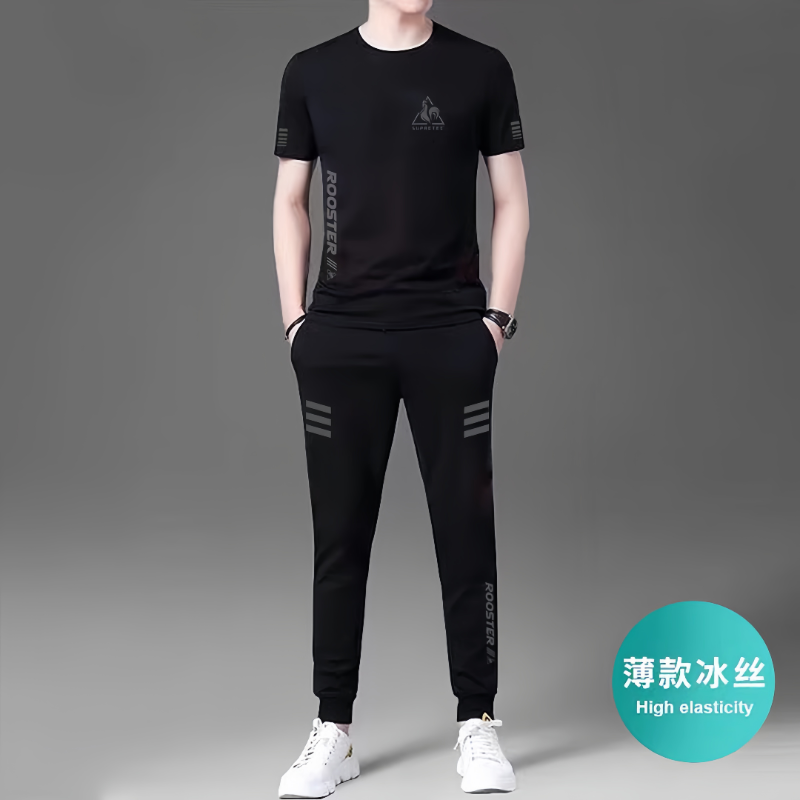 夏季男士冰丝薄款短袖长裤运动套装时尚港风潮流高档休闲两件套男