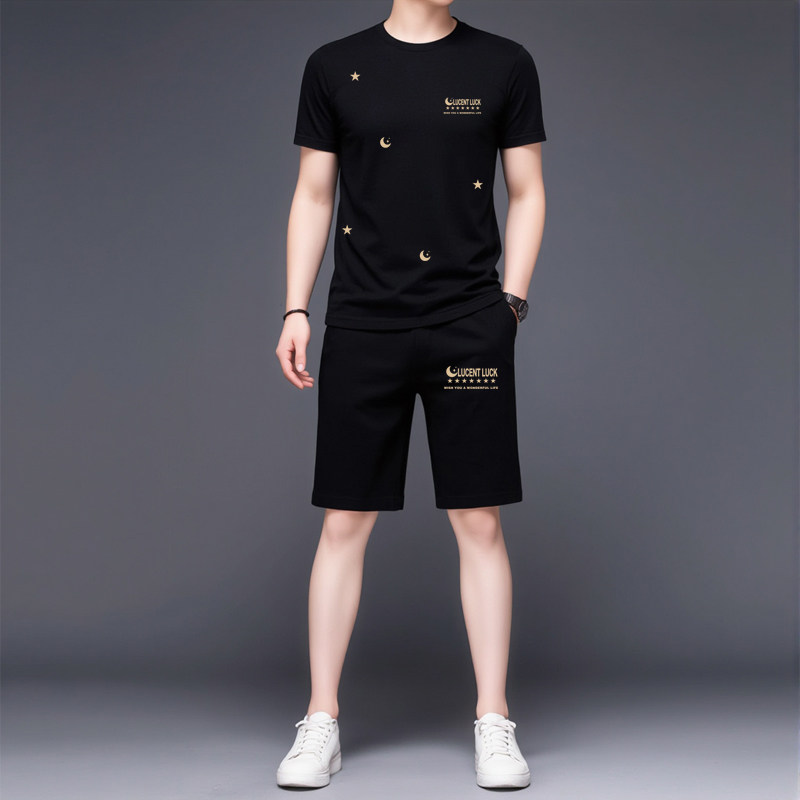 夏季男士冰丝短裤套装时尚潮流韩版男士短袖短裤休闲运动服两件套