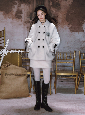 WANGREENCHENCLEAN白木晨 设计师白色羊羔毛斗篷套装WxC