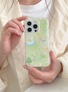 OTHER韩风ins可爱少女心绿色小清新草坪小鸭子16promaxiphone15pro圆边双层14手机壳苹果13保护套硬壳防摔女