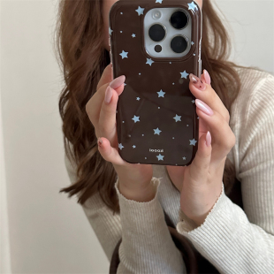 秋冬ins小众创意氛围感棕色满屏蓝色星星17promax适用iphone16pro圆边双层15手机壳14苹果13硬壳防摔保护套女