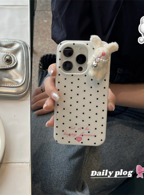 日韩ins小清新可爱少女心立体毛绒小兔子16promax适用iphone15pro双层印花简约白色波点14手机壳苹果13硬壳女