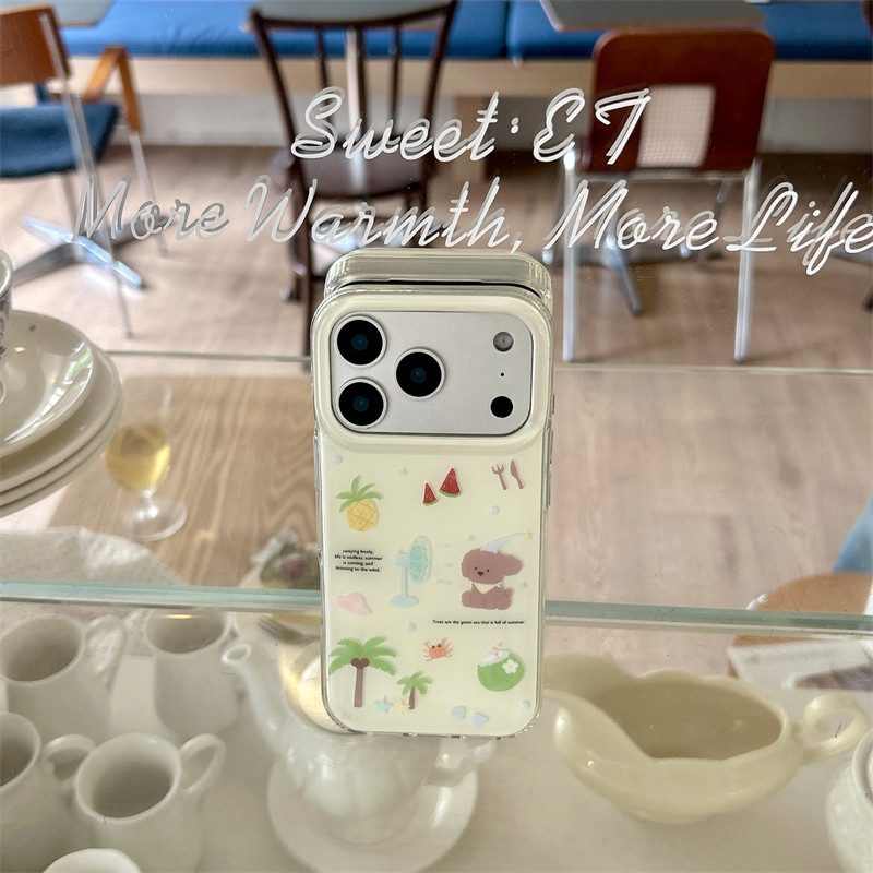 夏日ins小清新可爱吹风扇小狗水果插画17promax适用iphone16pro双层硬壳苹果15pro手机壳防摔少女心可爱卡通