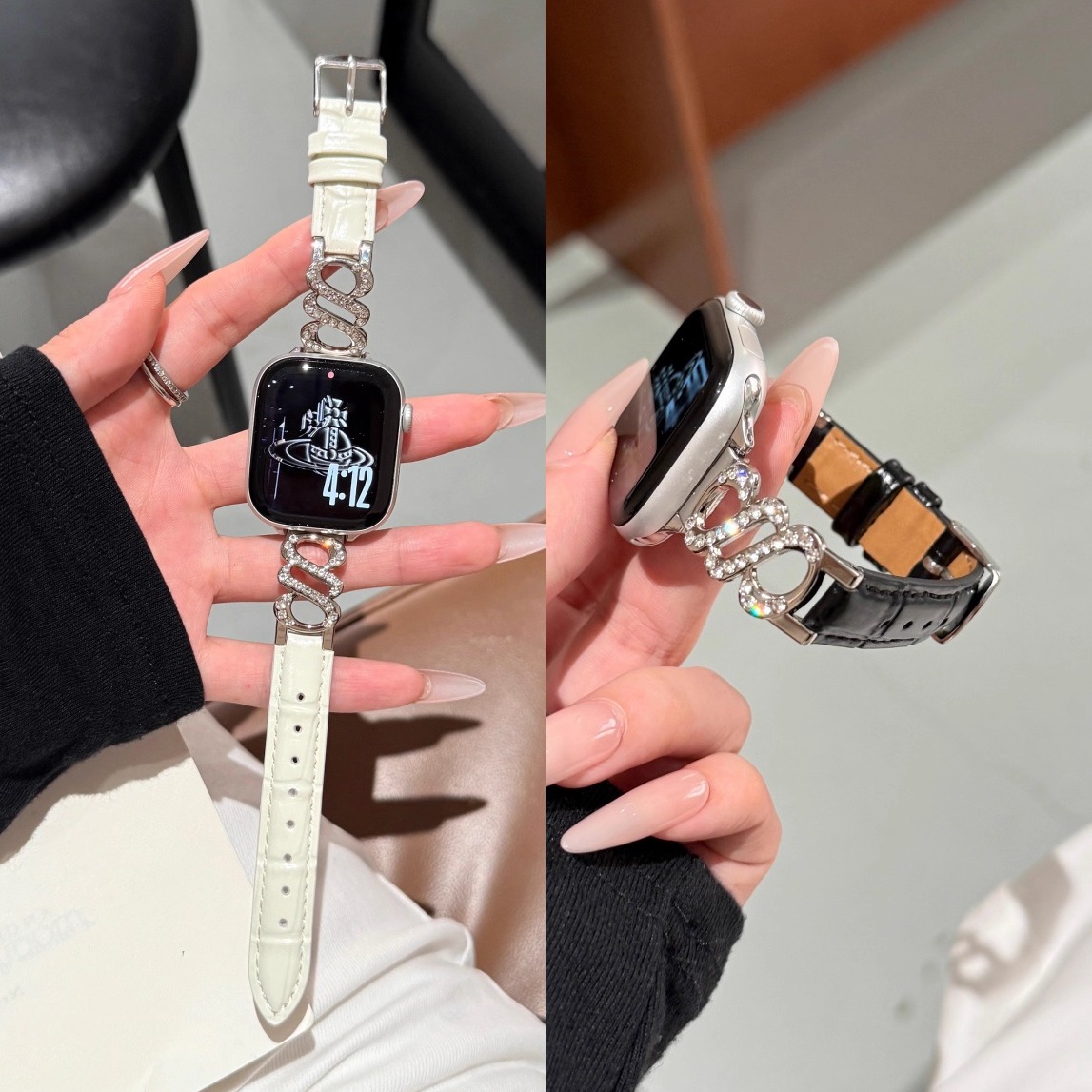 适用苹果S10表带轻奢S形镶钻拼皮