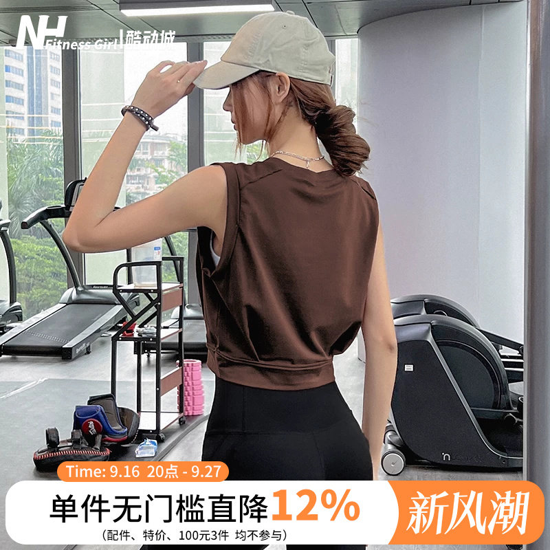 健身女孩运动上衣无袖短款宽松透气休闲跑步训练t恤瑜伽服短袖夏