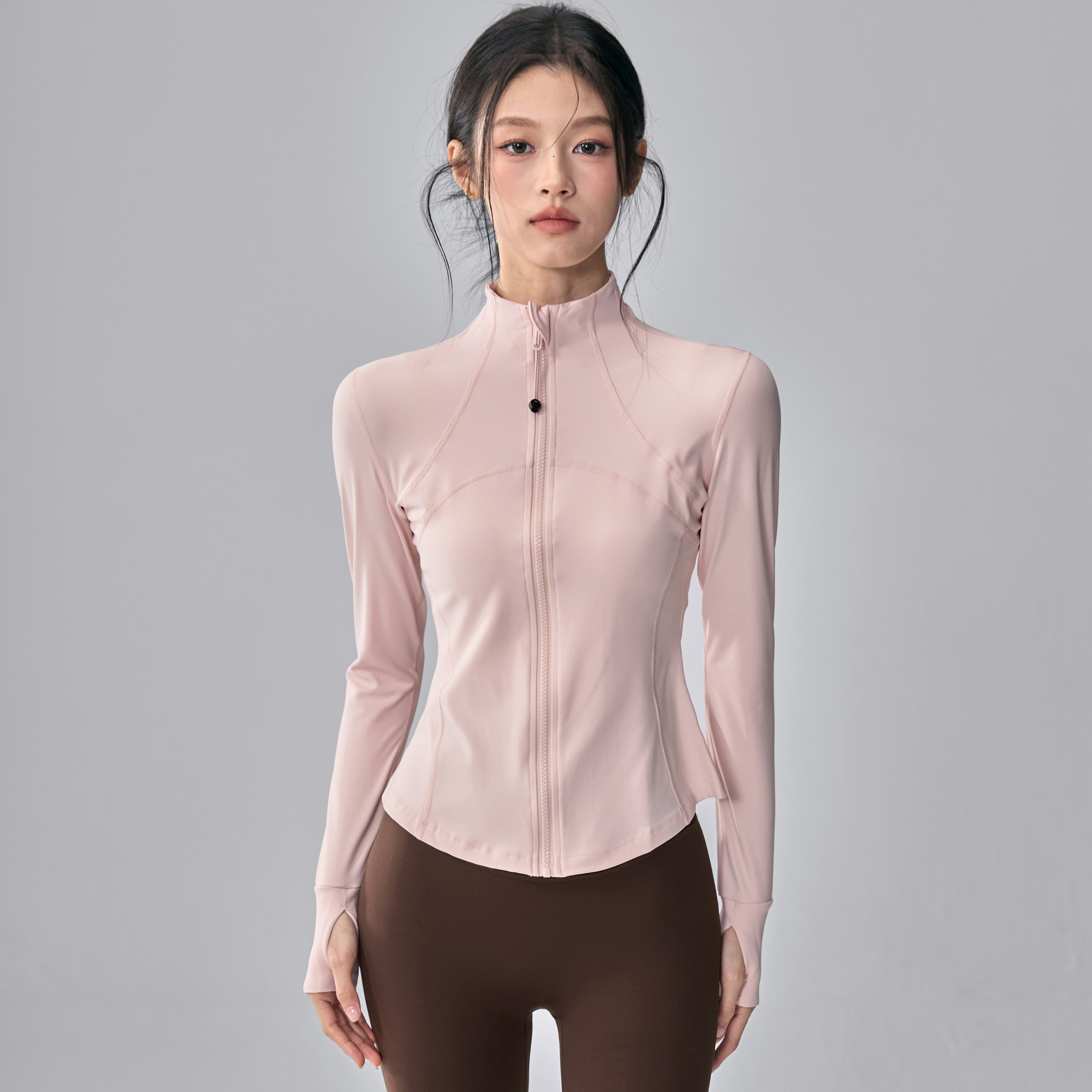 健身女孩立领瑜伽服外套修身显瘦普拉提训练跑步粉色运动上衣长袖