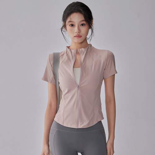 健身女孩透气修身拉链瑜伽服短袖