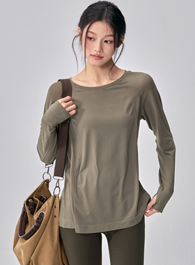 健身女孩宽松瑜伽服长袖速干普拉提训练长款遮臀跑步运动上衣秋冬