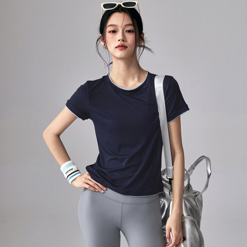 健身女孩宽松莱赛尔撞色瑜伽短袖