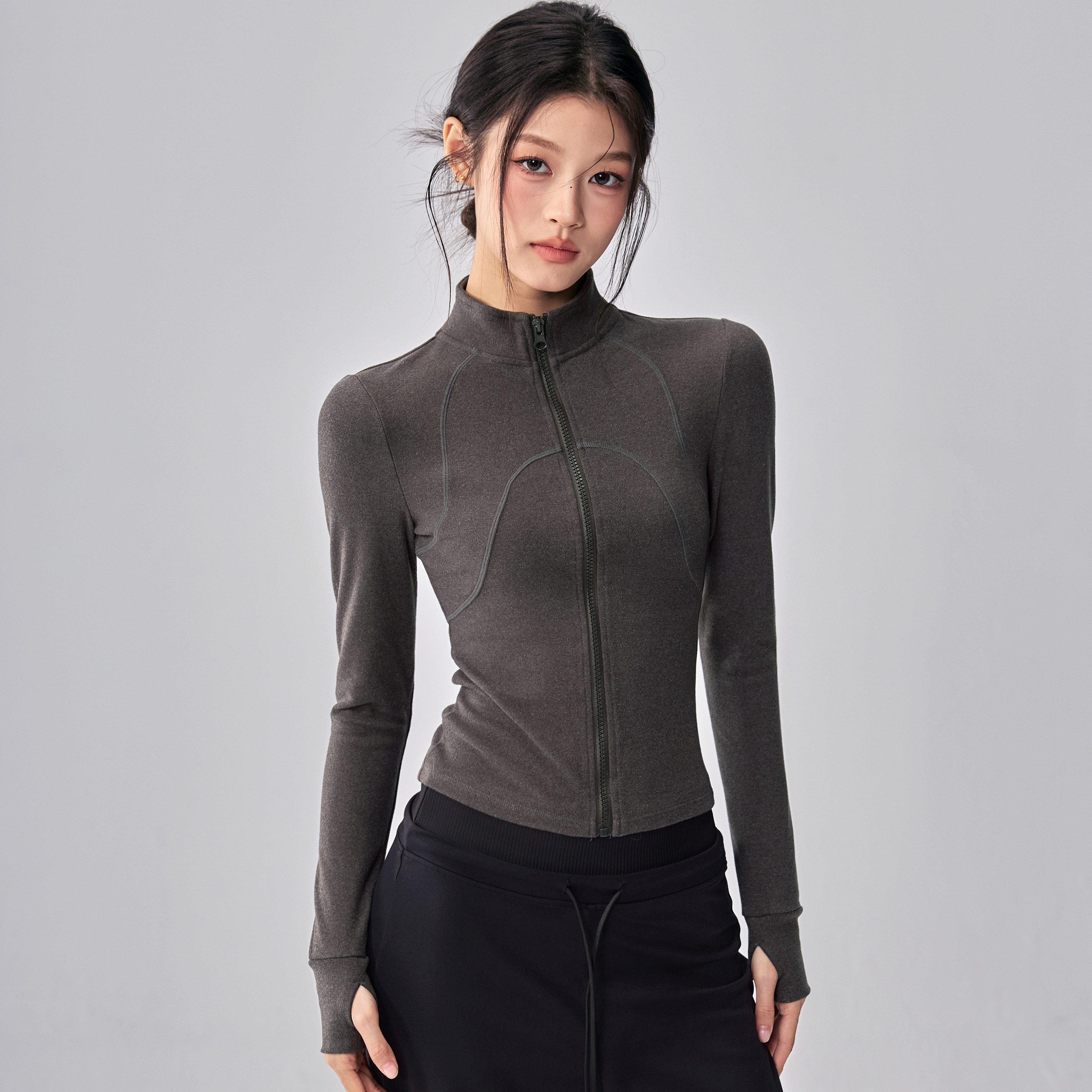 健身女孩德绒立领瑜伽服外套秋冬显瘦普拉提跑步长袖修身运动上衣
