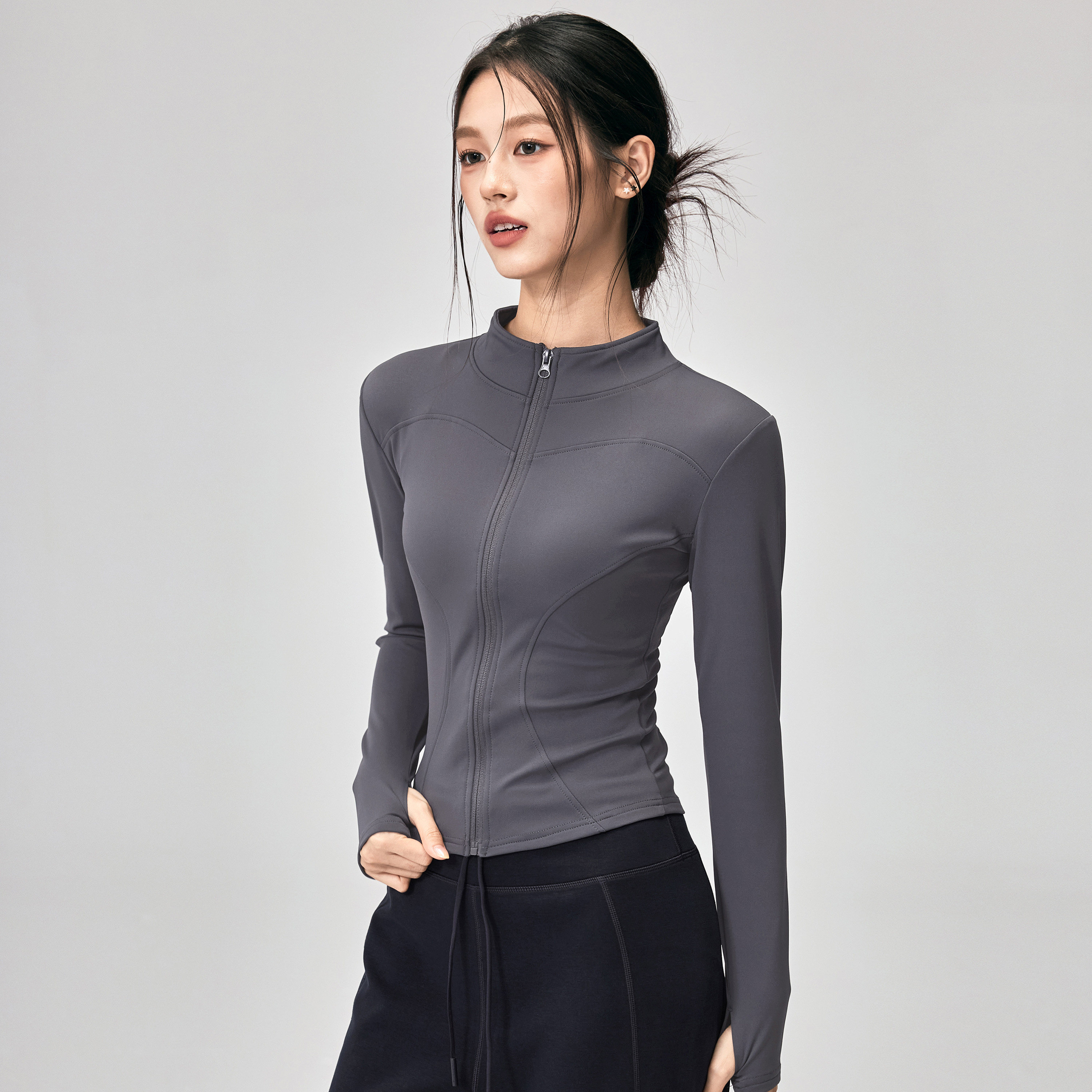 健身女孩薄绒瑜伽服外套秋冬立领修身跑步长袖普拉提训练运动上衣
