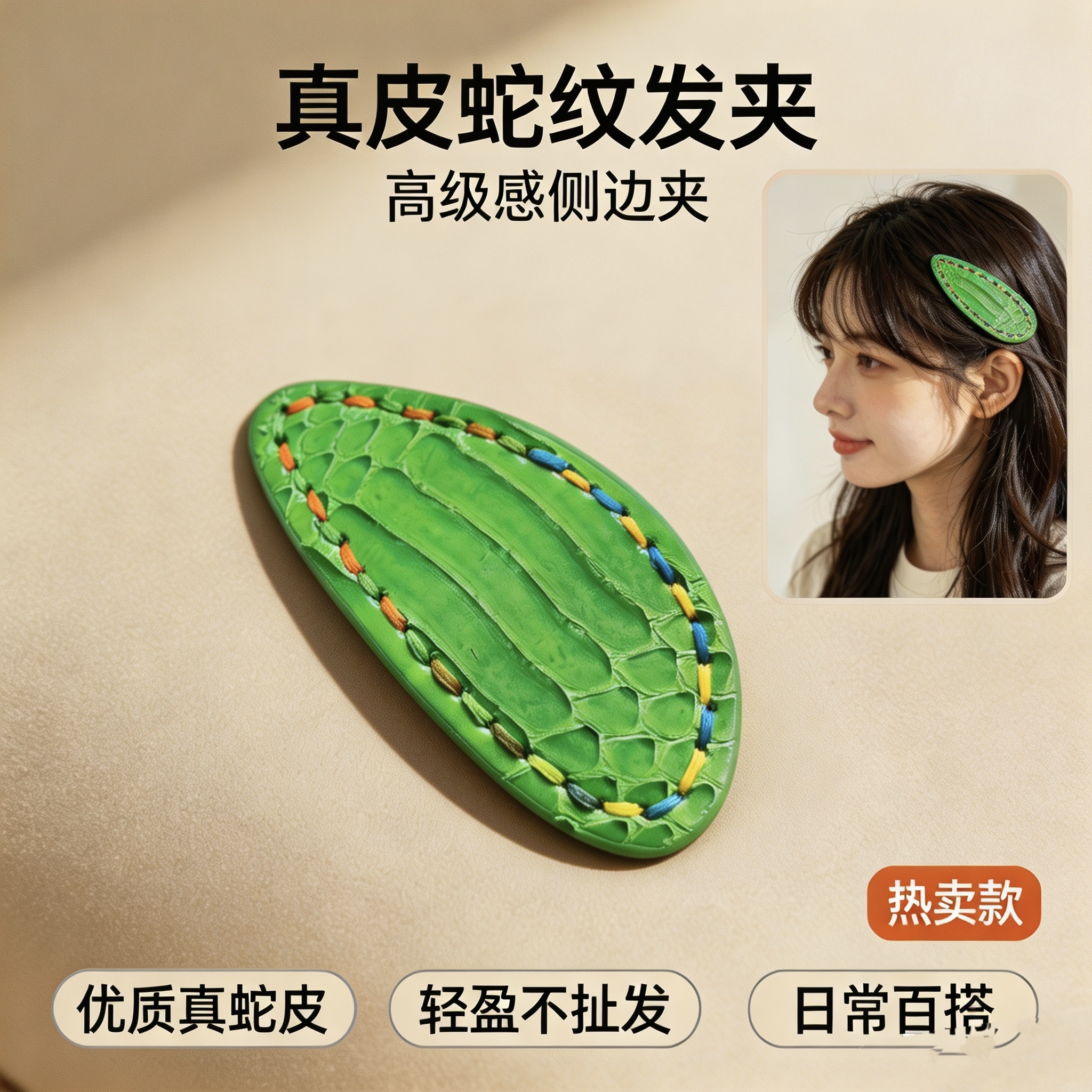 真皮手缝线DIY真皮皮质高贵侧边发夹百搭新款碎绿色黑色发夹