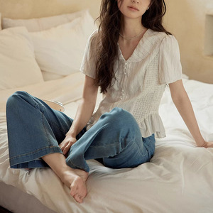 法式条纹v领短袖衬衫女夏